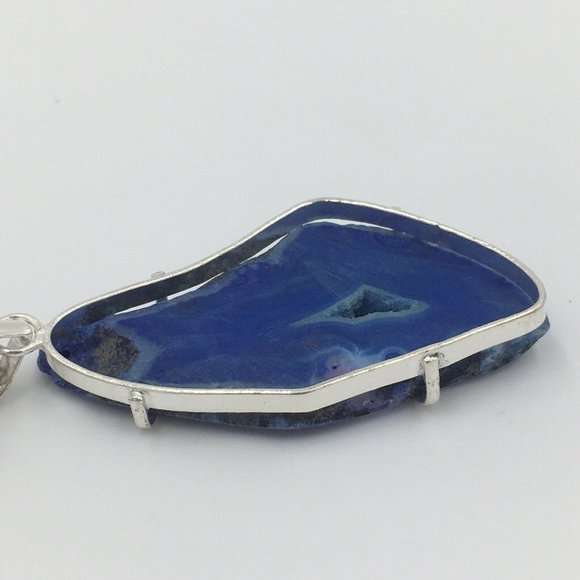 Gorgeous Blue AGATE SLICE Quartz Crystal GEODE Sterling Silver Set PENDANT, NEW - Picture 4 of 7